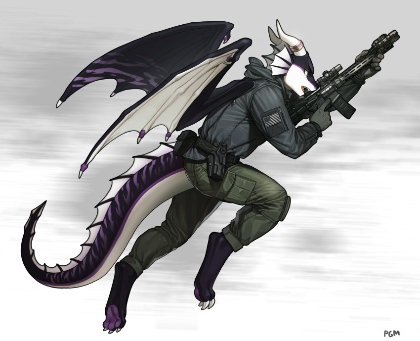 2022 anthro bottomwear clothing digitigrade dragon gradient_background gun hi_res hoodie horn male open_mouth pants pgm300 ranged_weapon signature simple_background solo topwear weapon wings