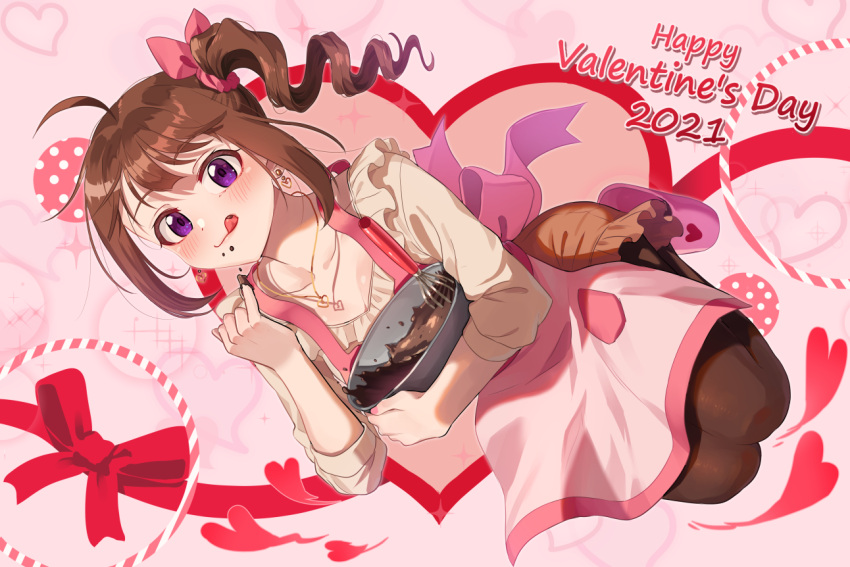 1girl :q ahoge apron bangs black_legwear bowl brown_hair brown_skirt chocolate closed_mouth commentary dated drill_hair earrings english_text eyebrows_visible_through_hair floating food food_on_face frilled_shirt frilled_skirt frills hair_ribbon happy_valentine heart holding holding_bowl idolmaster idolmaster_million_live! jewelry kamille_(vcx68) licking_lips long_sleeves looking_at_viewer medium_hair miniskirt mixing_bowl necklace pantyhose pink_apron pink_footwear pink_ribbon purple_eyes ribbon shirt side_drill side_ponytail sidelocks skirt slippers smile solo tongue tongue_out valentine whisk white_shirt yokoyama_nao