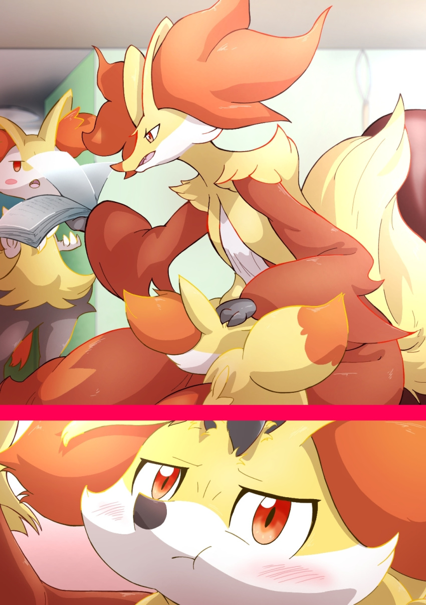 2girls :t animal_ear_fluff animal_ears animal_nose arm_up black_fur blush blush_stickers body_fur book braixen close-up closed_mouth commentary_request day delphox fang fennekin flat_chest fox_ears fox_girl fox_tail from_behind from_side furry furry_female hand_on_another's_head hands_up highres holding holding_book indoors jitome looking_up multiple_girls multiple_views okuyami_kitsune open_book open_mouth pokemon pokemon_(creature) pout profile red_eyes red_fur snout tail white_fur yellow_fur