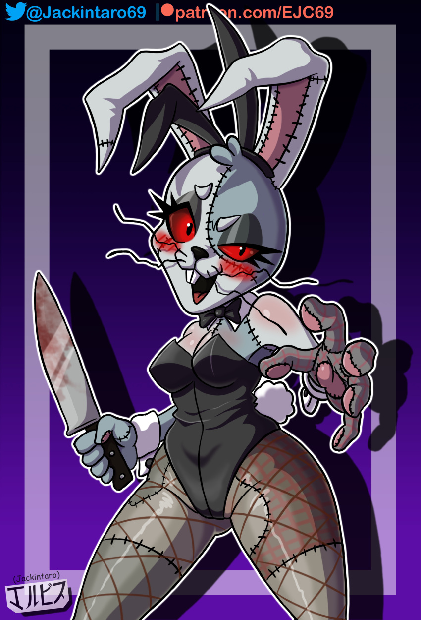 absurd_res anthro blush bunny_costume clothed clothing costume digital_media_(artwork) fake_ears fake_rabbit_ears female five_nights_at_freddy's five_nights_at_freddy's:_security_breach hi_res human jackintaro knife lagomorph legwear leporid looking_at_viewer mammal open_mouth rabbit red_eyes red_sclera scottgames simple_background smile solo teeth vanny_(fnaf) video_games whiskers white_body