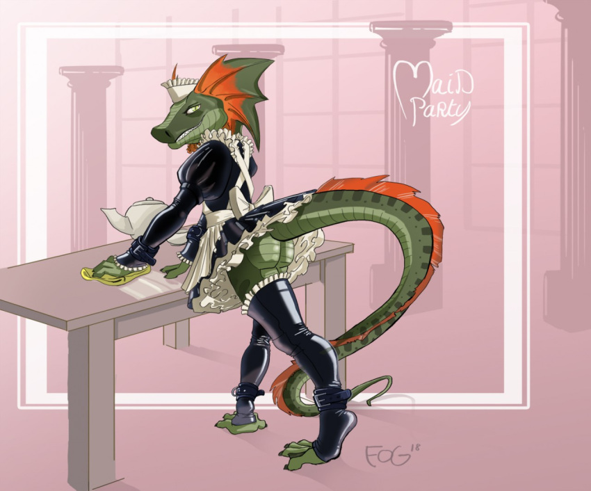 2018 agamid anthro black_clothing black_legwear black_stockings black_topwear butt cleaning cleaning_rag clothed clothing crossdressing desk detailed_background digital_media_(artwork) fog_panther frill_(anatomy) frilled_lizard furniture girly green_body green_eyes green_skin inside legwear lizard looking_at_viewer maid_apron maid_headdress maid_uniform male no_underwear pink_background rear_view reptile scalie scalio_(character) sharp_teeth simple_background smile solo standing stockings table teapot teeth toeless_legwear toeless_stockings topwear uniform white_ribbon