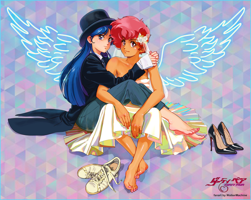 2girls artist_name bare_shoulders barefoot black_footwear black_headwear black_jacket blue_eyes breasts bride cleavage collarbone copyright_name dirty_pair dress eyebrows_visible_through_hair formal hair_behind_ear hat high_heels hug jacket kei_(dirty_pair) logo long_hair medium_breasts multiple_girls red_eyes red_hair shoes short_hair smile sneakers suit top_hat walkermachine wedding_dress white_footwear wife_and_wife yuri yuri_(dirty_pair)