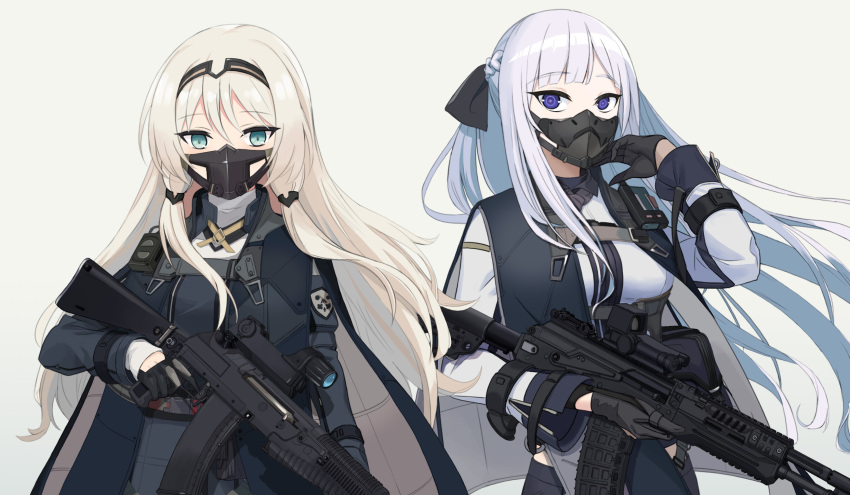 2girls ak-12 ak-12_(girls'_frontline) an-94 an-94_(girls'_frontline) assault_rifle black_gloves blonde_hair braid breasts closed_eyes dlarudgml21 french_braid girls'_frontline gloves green_eyes gun highres holding holding_gun holding_weapon kalashnikov_rifle long_hair long_sleeves magazine_(weapon) mask medium_breasts mouth_mask multiple_girls purple_eyes reflex_sight rifle scope sidelocks sight silver_hair tactical_clothes weapon
