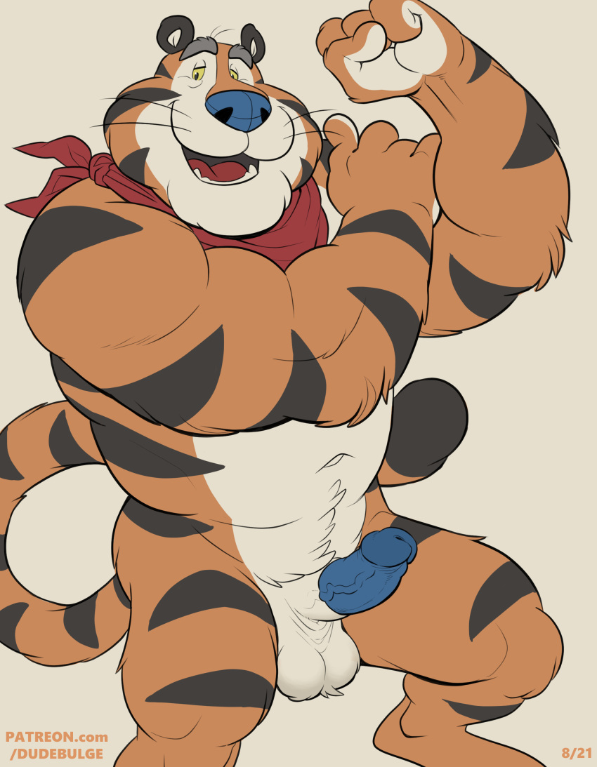 absurd_res animal_genitalia anthro ball_tuft balls bandanna bandanna_only biceps big_biceps big_muscles big_penis biped black_body black_fur black_stripes blue_penis body_hair dudebulge erection eyebrows felid flexing flexing_bicep frosted_flakes fur genitals glans grey_eyebrows happy_trail hi_res humanoid_genitalia humanoid_penis hybrid_genitalia hybrid_penis kellogg's kerchief kerchief_only male mammal mascot mature_anthro mature_male mostly_nude muscular muscular_anthro muscular_male navel open_mouth open_smile orange_body orange_fur pantherine penis sheath sheathed_humanoid_penis smile solo striped_body striped_fur stripes teeth text tiger tongue tony_the_tiger tuft url vein veiny_penis whiskers white_body white_fur