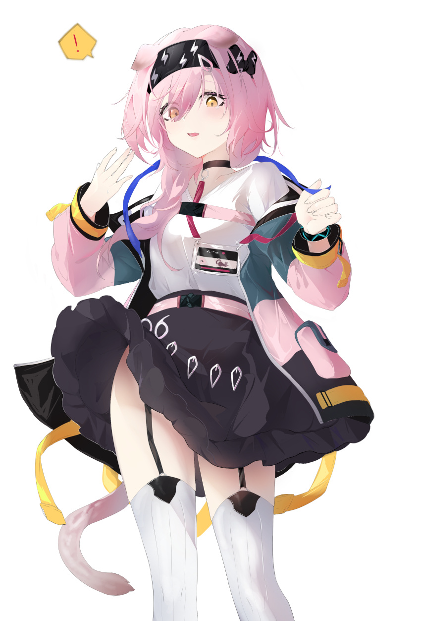 ! 1girl absurdres animal_ears arknights belt black_choker black_hairband black_jacket black_skirt black_wristband blue_jacket braid cat_ears cat_girl cat_tail choker clothes_lift feet_out_of_frame garter_straps goldenglow_(arknights) hair_between_eyes hairband hands_up highres id_card infection_monitor_(arknights) jacket kkk_dami lightning_bolt_print long_hair looking_at_viewer multicolored_clothes multicolored_jacket off_shoulder open_clothes open_jacket parted_lips pink_belt pink_hair pink_jacket shirt simple_background skirt skirt_lift solo spoken_exclamation_mark tail thighhighs white_background white_legwear white_shirt wind wind_lift yellow_eyes