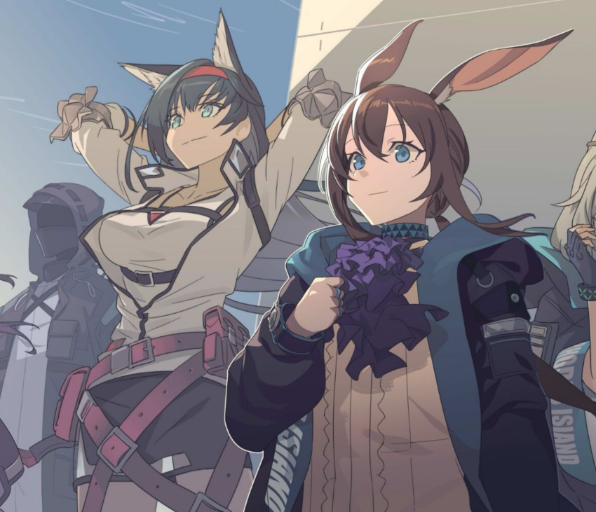 1other 3girls amiya_(arknights) animal_ears arknights ascot black_hair black_jacket black_skirt blaze_(arknights) blue_ascot blue_collar blue_eyes blue_gloves blue_sky cat_ears clothes_writing collar doctor_(arknights) extra_ears fingerless_gloves gloves grey_hair hair_between_eyes hairband hand_up highres hood hood_up jacket jewelry liang_chan_xing_make_tu long_hair long_sleeves mask multiple_girls multiple_rings open_clothes open_jacket out_of_frame outdoors pouch red_bag red_hairband ring rosmontis_(arknights) shirt skirt sky split_mouth white_shirt
