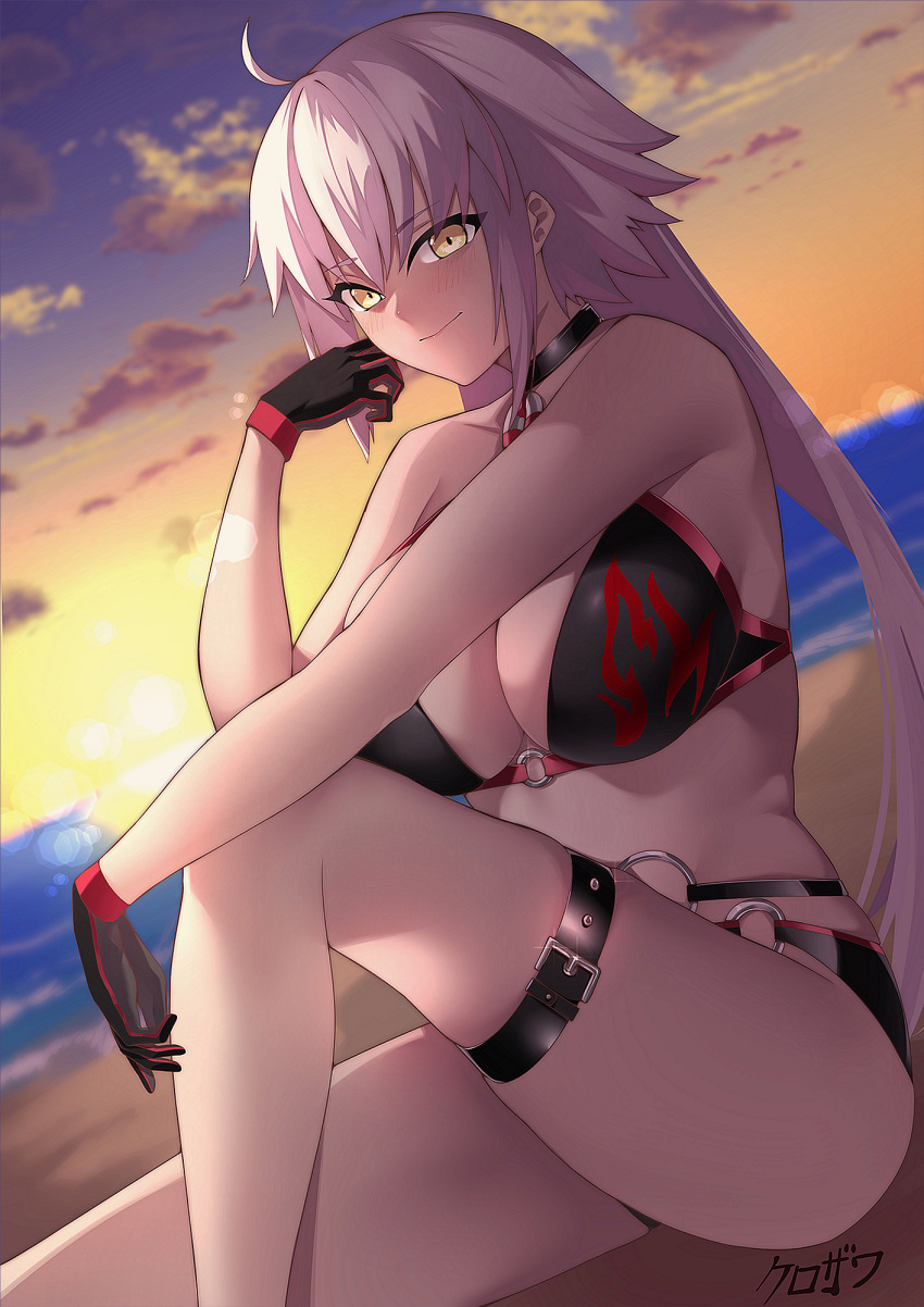 1girl ahoge bangs bikini black_bikini black_gloves black_jacket breasts choker cleavage fate/grand_order fate_(series) gloves highres jacket jeanne_d'arc_(alter_swimsuit_berserker)_(fate) jeanne_d'arc_(fate) kurozawa_yui large_breasts long_hair looking_at_viewer o-ring o-ring_bikini silver_hair swimsuit thigh_strap thighs very_long_hair yellow_eyes