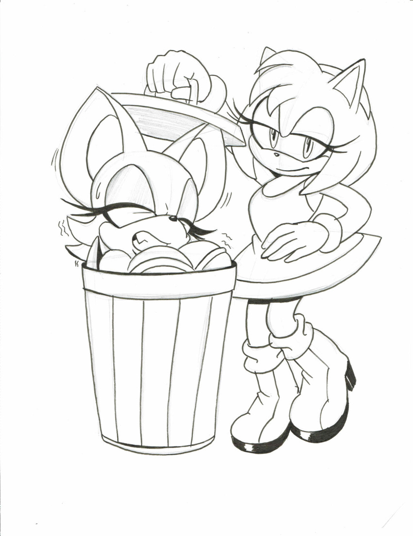 amy_rose andromorph big_breasts boots bracelet breasts chiropteran clothing dress duo eulipotyphlan eyelashes eyes_closed female footwear hedgehog hi_res intersex jewelry mammal monochrome omegasunburst rouge_the_bat sega sketch sonic_the_hedgehog_(series) trash_can