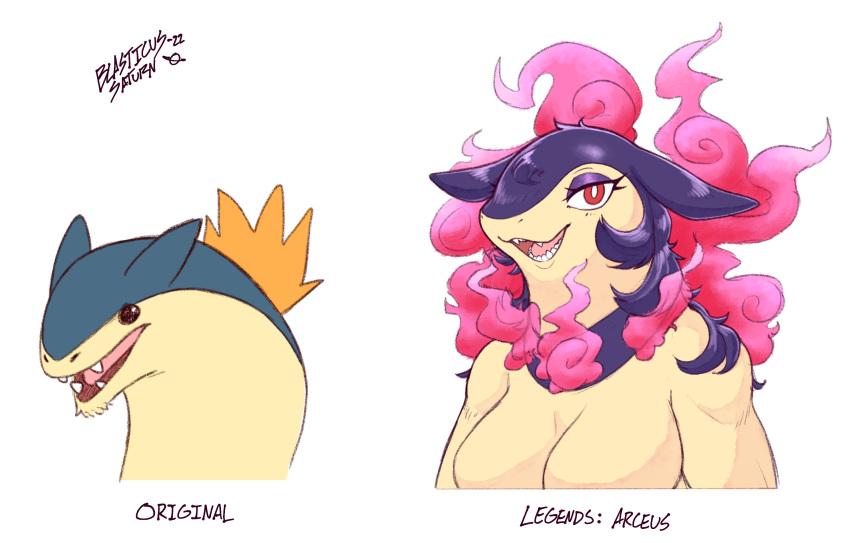 ambiguous_gender anthro blasticussaturn breasts female feral fire hi_res hisuian_typhlosion looking_at_viewer nintendo open_mouth pok&eacute;mon pok&eacute;mon_(species) red_eyes regional_form_(pok&eacute;mon) signature simple_background smile text typhlosion video_games