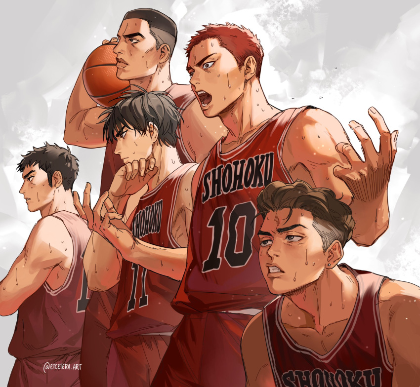 5boys akagi_takenori bangs basketball basketball_uniform black_hair brown_hair closed_mouth cowboy_shot ear_piercing etceteraart hands_up highres looking_away male_focus mitsui_hisashi miyagi_ryouta multiple_boys open_mouth piercing profile red_hair red_shirt red_shorts rukawa_kaede sakuragi_hanamichi shirt short_hair shorts slam_dunk sleeveless sportswear standing sweat twitter_username white_background