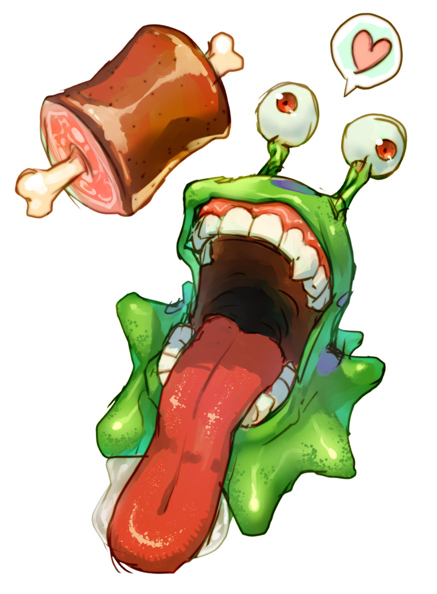 1other boned_meat character_request commentary digimon digimon_(creature) food heart highres lower_teeth meat no_humans open_mouth red_eyes saliva simple_background teeth tokonatu tongue tongue_out upper_teeth white_background