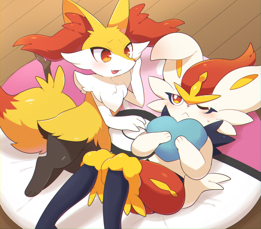 2girls :&lt; :3 animal_ear_fluff animal_ears animal_feet animal_nose black_fur blush body_fur braixen bright_pupils chromatic_aberration cinderace closed_mouth commentary_request eye_contact fang flat_chest fox_ears fox_girl fox_tail from_above full_body fur_collar furry furry_female half-closed_eye hand_up hands_up happy head_rest heart heart_pillow highres holding holding_pillow knees_together_feet_apart knees_up legs_together looking_at_another looking_to_the_side love_ball lying multiple_girls nervous on_back on_side one_eye_closed open_mouth partial_commentary pillow poke_ball poke_ball_theme pokemon pokemon_(creature) rabbit_ears rabbit_girl rabbit_tail red_eyes red_fur red_hair rug short_hair sideways_mouth smile snout stick subaru331 sweat tail white_fur white_pupils wooden_floor yellow_fur