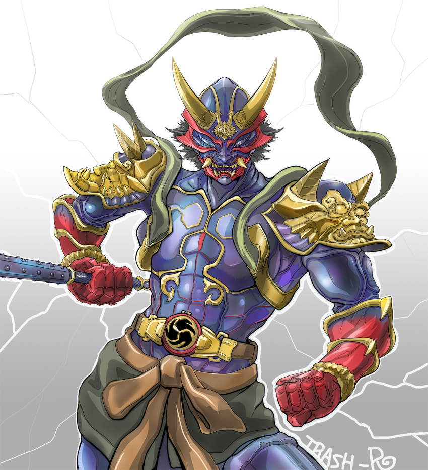 another_hibiki_(zi-o) another_rider_(zi-o) armor bachi black_hair club_(weapon) creature demon demon_horns dual_wielding evil fangs gloves gold_horns highres holding horns huujyu japanese_clothes kamen_rider kamen_rider_zi-o_(series) lightning looking_at_viewer messy_hair monster no_eyes oni oni_horns open_mouth plectrum purple_armor red_gloves sharp_teeth shoulder_armor spiked_club teeth weapon