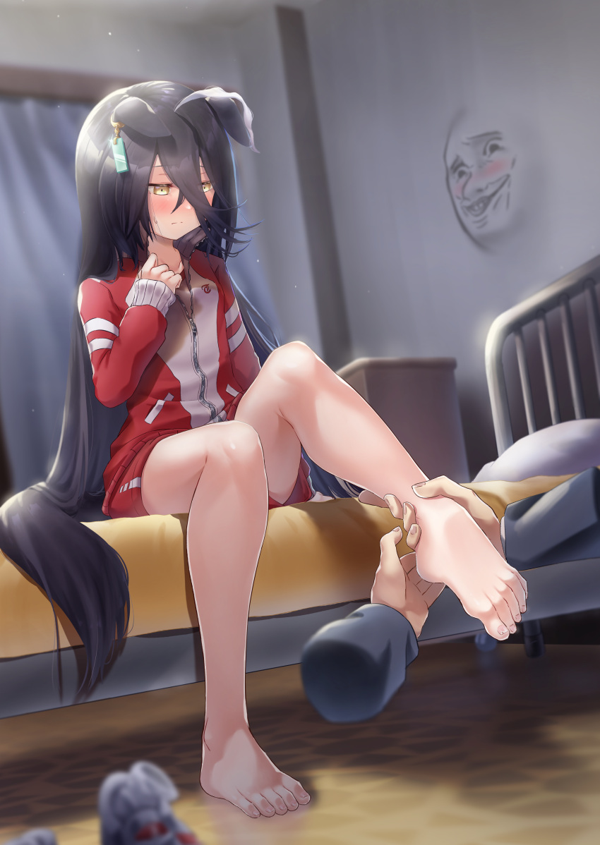 1girl absurdres animal_ears barefoot bed bedroom black_hair blush commentary_request disembodied_limb earrings hair_ornament highres holding_another's_foot horse_ears horse_girl horse_tail jacket jewelry long_hair manhattan_cafe_(umamusume) reo-illust4696 sitting solo_focus sweatdrop tail track_jacket umamusume yellow_eyes