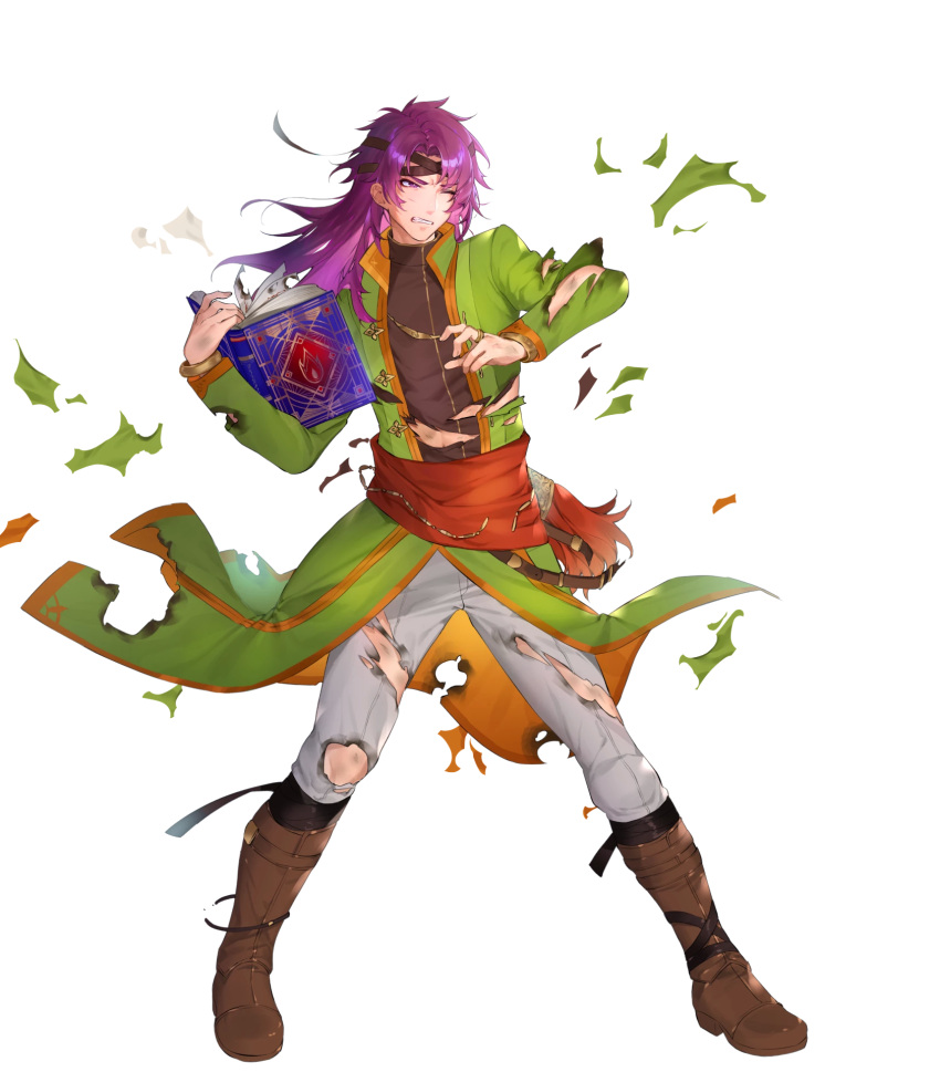 1boy bangs black_shirt book boots brown_footwear clenched_teeth coat fire_emblem fire_emblem:_the_binding_blade fire_emblem_heroes full_body green_coat hairband highres holding holding_book hugh_(fire_emblem) ichibi long_hair long_sleeves male_focus official_art one_eye_closed open_clothes open_coat pants purple_eyes purple_hair red_sash sash shirt solo standing teeth torn_clothes torn_coat torn_pants transparent_background white_pants