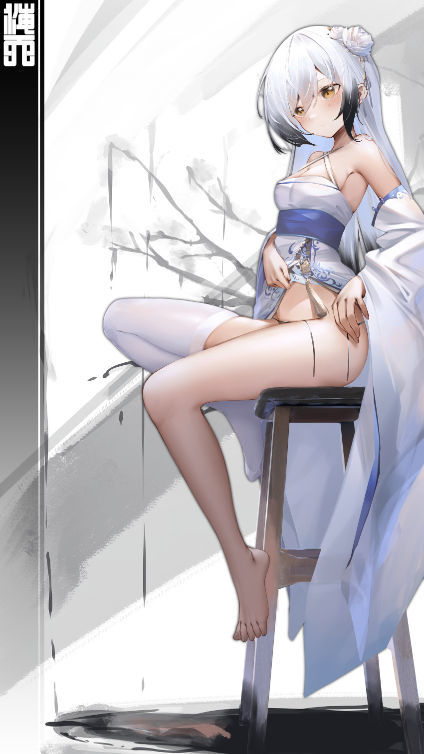 1girl absurdres azur_lane bare_shoulders barefoot black_hair black_panties branch breasts brown_eyes cleavage commentary_request criss-cross_halter dress flower gradient_hair hai_tien_(azur_lane) hair_flower hair_ornament halterneck highres ka11_ca long_hair medium_breasts multicolored_hair no_shoes panties rose side-tie_panties side_slit single_thighhigh sitting solo stool thighhighs underwear untied untied_panties very_long_hair white_dress white_flower white_hair white_legwear white_rose