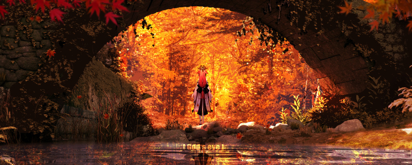 1girl absurdres autumn_leaves back_bow bow bridge chinese_commentary commentary_request day english_text facing_away from_behind genshin_impact highres japanese_clothes leaf lifeline_(a384079959) long_hair low-tied_long_hair maple_leaf orange_theme outdoors pink_hair reeds reflection river scenery solo standing stream tree under_bridge wide_shot yae_miko