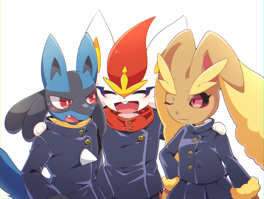 1girl 2boys :3 ^_^ animal_ears animal_hands animal_nose arm_around_shoulder arms_up black_fur black_jacket black_sclera black_skirt blue_fur blush body_fur brown_fur buck_teeth buttons chromatic_aberration closed_eyes closed_mouth clothed_pokemon colored_sclera commentary_request cosplay fang furry furry_female furry_male fushiguro_megumi fushiguro_megumi_(cosplay) hand_on_hip happy highres itadori_yuuji itadori_yuuji_(cosplay) jacket jujutsu_kaisen kugisaki_nobara kugisaki_nobara_(cosplay) long_sleeves looking_at_another looking_to_the_side lopunny lucario multiple_boys one_eye_closed open_mouth partial_commentary pleated_skirt pokemon pokemon_(creature) rabbit_boy rabbit_ears rabbit_girl red_eyes red_hair red_shirt school_uniform scorbunny shirt short_hair simple_background skirt smile snout spikes standing subaru331 sweat tail teeth two-tone_fur upper_body white_background white_fur white_shirt wolf_boy wolf_ears wolf_tail yellow_fur