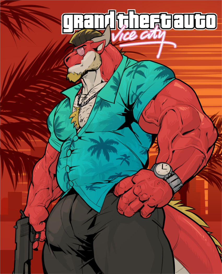 2022 absurd_res aloha_shirt anthro barazoku beard biceps big_bulge big_muscles body_hair bottomwear building bulge chest_hair city clock clothed clothing cosplay dragon english_text erection erection_under_clothing eyebrows eyewear facial_hair glasses grand_theft_auto grand_theft_auto:_vice_city gun hair handgun hi_res holding_gun holding_object holding_weapon horn huge_bulge huge_muscles jewelry male muscular muscular_anthro muscular_male necklace nightterror outside palm_tree pants pattern_clothing pattern_shirt pattern_topwear pecs pistol plant ranged_weapon red_background rockstar_games scalie shirt simple_background solo standing text tommy_vercetti topwear tree vein veiny_muscles video_games watch weapon