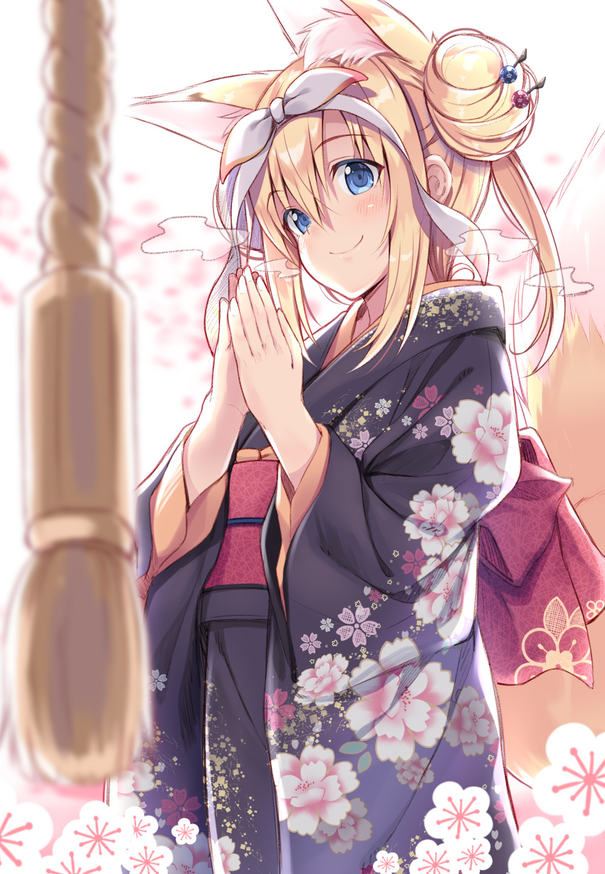 1girl absurdres animal_ear_fluff animal_ears bangs black_kimono blonde_hair blue_eyes blurry blurry_foreground breath closed_mouth commentary_request depth_of_field double_bun eyebrows_visible_through_hair floral_print fox_ears fox_girl fox_tail hair_between_eyes highres japanese_clothes kimono long_hair long_sleeves nozomi_tsubame obi original own_hands_together palms_together print_kimono sash smile solo suzuha_(nozomi_tsubame) tail wide_sleeves