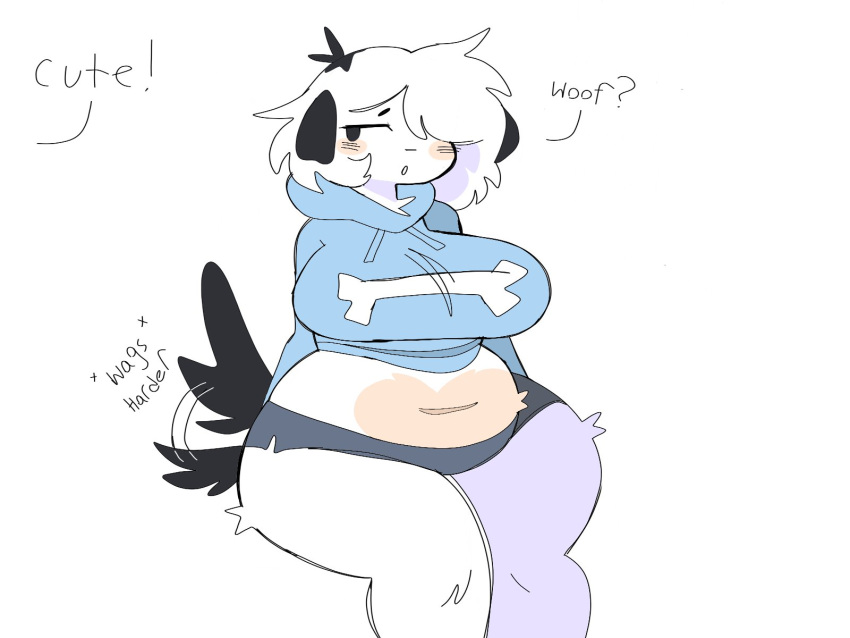 2022 :o anthro belly big_breasts biped black_ears blue_clothing blue_hoodie blue_topwear bone breasts breath canid canine canis chubby_anthro chubby_female clothed clothing compliment curvy_figure dialogue digital_media_(artwork) domestic_dog english_text female floppy_ears fluffqween fur grey_clothing grey_underwear hair half-closed_eyes hands_behind_back hi_res hoodie mammal narrowed_eyes navel nervous open_mouth pink_belly pink_cheeks portrait puppychan shaded simple_background simple_shading slightly_chubby solo standing tail_motion tail_tuft tailwag text three-quarter_portrait three-quarter_view topwear tuft underwear voluptuous white_background white_body white_fur white_hair