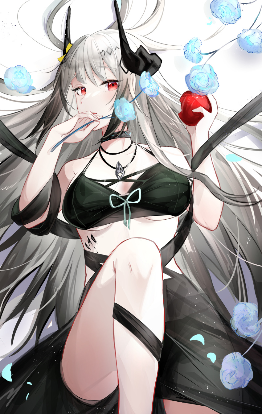 1girl absurdres apple arknights bikini bitten_apple black_bikini black_collar blue_flower breasts collar cowboy_shot demon_horns flower food food_bite fruit grey_hair hair_ornament hands_up highres holding holding_food holding_fruit horns infection_monitor_(arknights) jewelry kkk_dami knee_up long_hair medium_breasts mudrock_(arknights) mudrock_(silent_night)_(arknights) necklace official_alternate_costume oripathy_lesion_(arknights) red_eyes solo swimsuit white_background