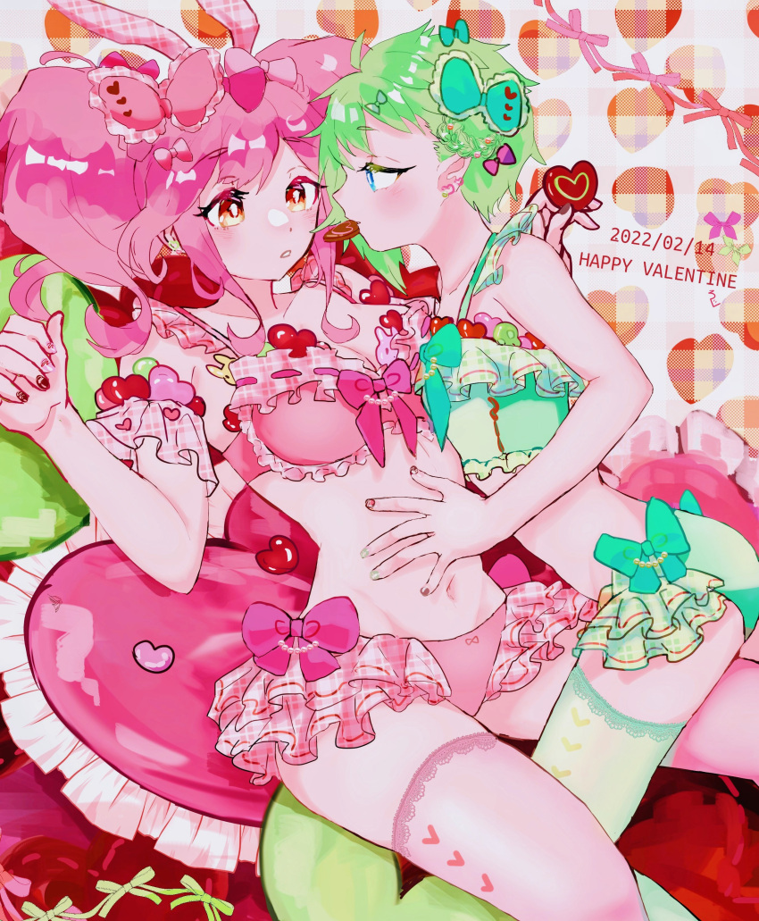 2girls absurdres bow bra breasts candy chocolate cleavage couple dated eyebrows_visible_through_hair flat_chest food frilled_bra frilled_panties frills green_bow green_bra green_panties hair_behind_ear hair_bow hand_on_another's_stomach happy_valentine heart heart-shaped_chocolate highres m_rgfn macross macross_delta makina_nakajima medium_breasts midriff multiple_girls navel panties pink_bow pink_bra pointy_ears reina_prowler thighhighs twintails underwear valentine yuri