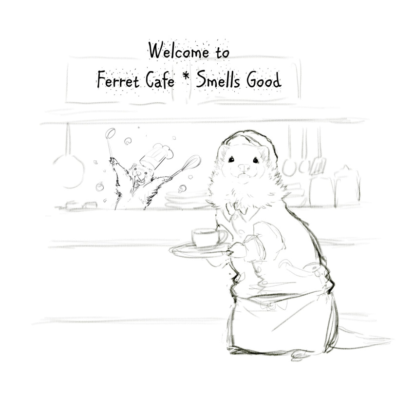 anthro apron cafe chef chef_hat clothing container cup domestic_ferret duo english_text food_tray hat headgear headwear hi_res ichigodawashi kitchen_utensils ladle mammal mustela mustelid musteline sketch tea_cup text tools true_musteline waiter