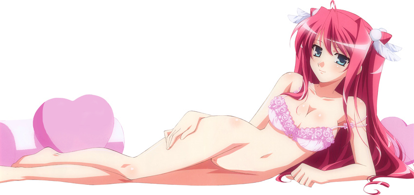 1girl blush bottomless bra breasts highres koihime_musou legs lingerie long_hair long_image nude nude_filter photoshop pink_hair pussy ryuubi shaved_pussy smile solo uncensored underwear wide_image