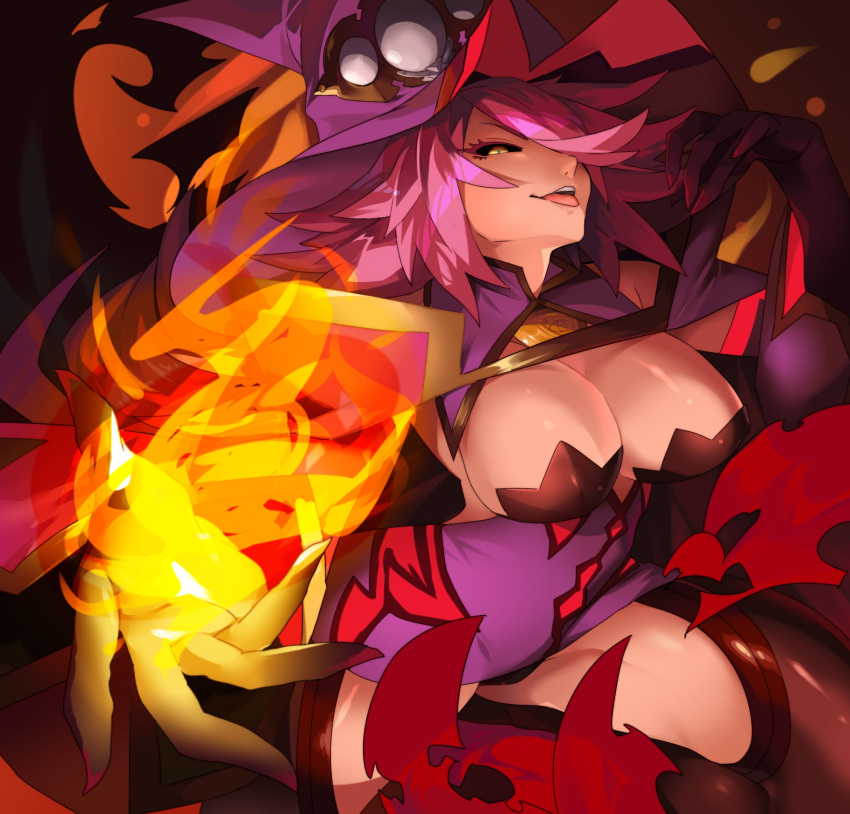 1girl black_sclera blazblue breasts detatched_sleeves fire hat jerun konoe_a_mercury large_breasts magic pink_hair smile tagme thighs witch_hat yellow_eyes