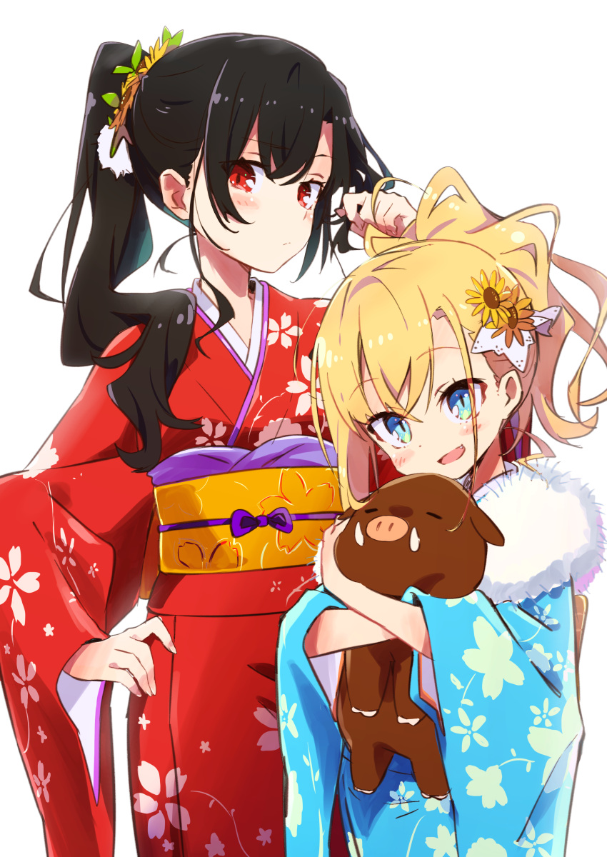 2girls :d absurdres amaryllis_class animal animal_hug arm_up bangs black_hair blonde_hair blue_eyes blue_kimono blush_stickers character_request chinese_zodiac closed_mouth commentary_request eyebrows_visible_through_hair fang fingernails floral_print flower fur_collar hair_between_eyes hair_flower hair_ornament hand_on_hip head_tilt high_ponytail highres japanese_clothes kimono kotohara_hinari long_sleeves multiple_girls obi open_mouth pig playing_with_own_hair ponytail print_kimono red_eyes red_kimono sash sidelocks simple_background smile tama_(tama-s) virtual_youtuber white_background wide_sleeves year_of_the_pig yellow_flower