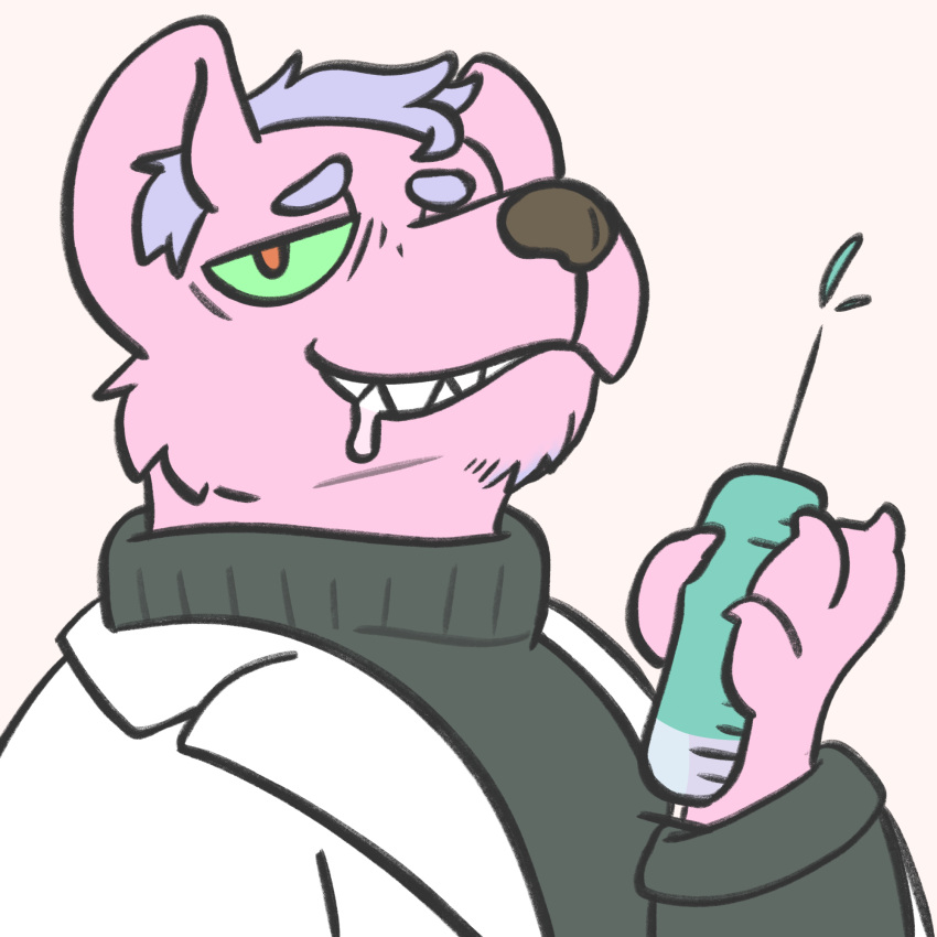 1:1 anthro bodily_fluids canid canine canis claws clothing coat digital_media_(artwork) doctor drooling eye_bags fur green_eyes hair half-closed_eyes hi_res hyaenid hybrid inner_ear_fluff lab_coat looking_at_viewer male mammal medical_instrument narrowed_eyes pink_body pink_fur red_eyes sailby saliva scientific_instrument sharp_teeth simple_background smile smirk solo sweater syringe teeth topwear tuft turtleneck turtleneck_sweater wolf