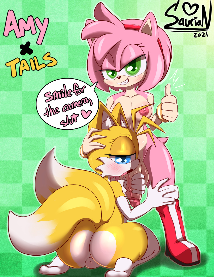 absurd_res amy_(fvt) canid canine crossgender english_text fox genitals gynomorph gynomorph/male hi_res intersex intersex/male male mammal miles_prower penis saurian_(artist) sega sonic_the_hedgehog_(series) text