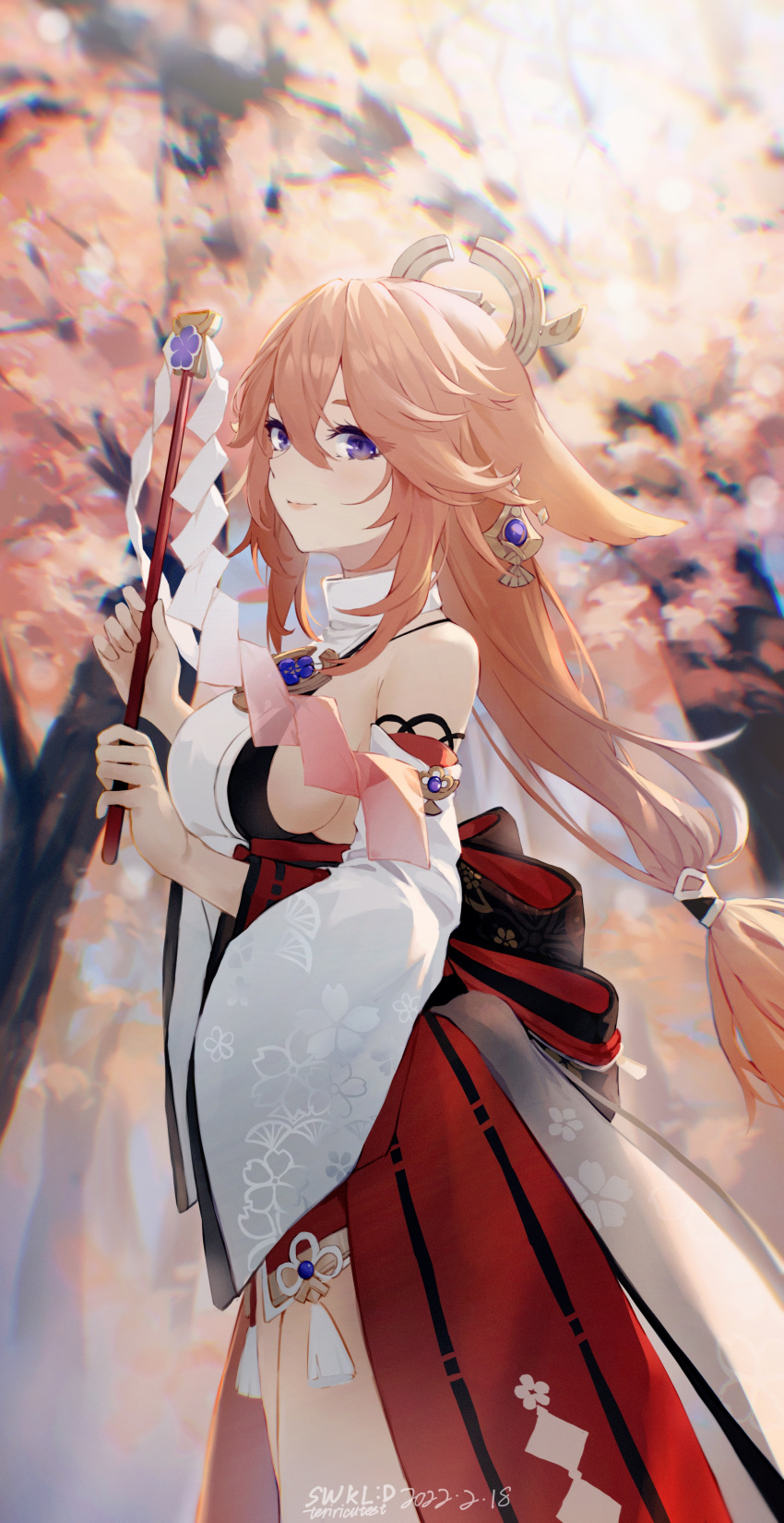 1girl absurdres animal_ears bangs bare_shoulders breasts cherry_blossoms closed_mouth detached_sleeves earrings fox_ears genshin_impact hair_between_eyes highres holding holding_wand japanese_clothes jewelry long_hair looking_to_the_side low-tied_long_hair miko outdoors pink_hair priestess purple_eyes sideboob smile swkl:d thighs tree vision_(genshin_impact) wand wide_sleeves yae_miko