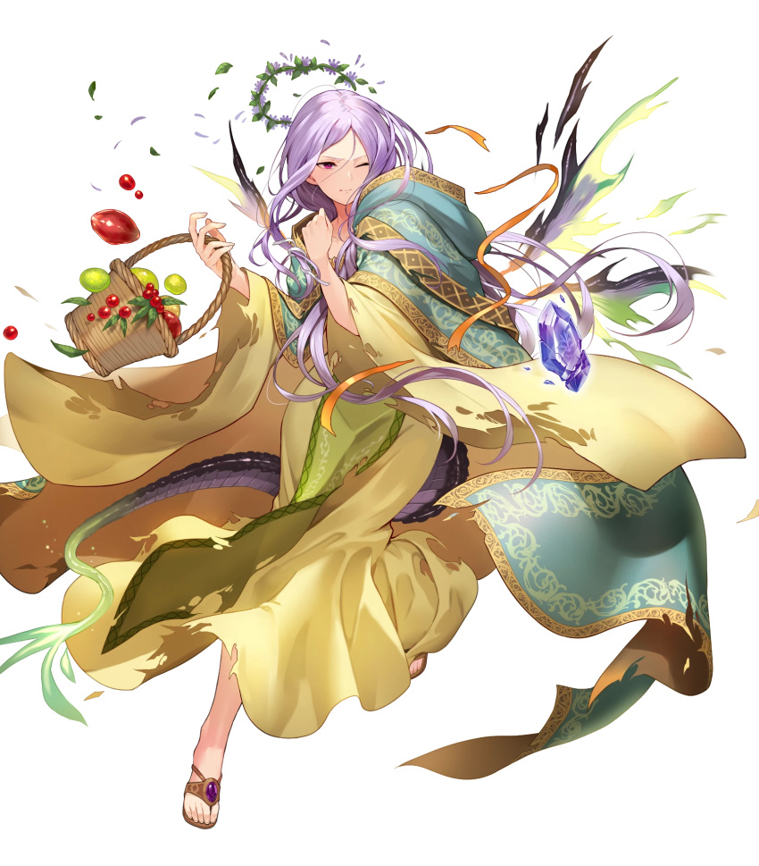 dress fire_emblem fire_emblem:_the_binding_blade fire_emblem_heroes flower gold_trim green_eyes hair_ornament head_wreath heterochromia highres hood hood_down idunn_(fire_emblem) kakage long_dress long_hair non-web_source official_art pointy_ears purple_hair red_eyes tied_hair transparent_background