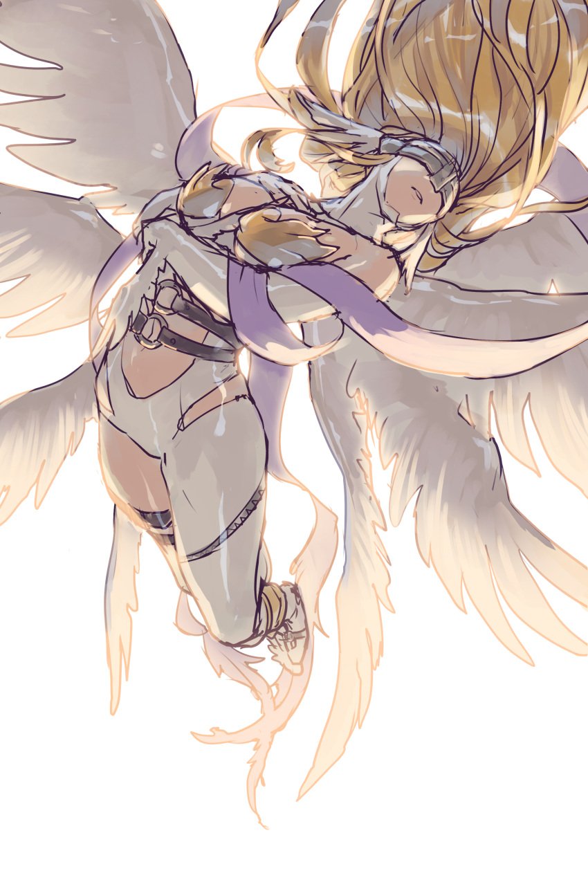 1girl absurdres angel angel_wings angewomon bare_shoulders blonde_hair breasts closed_mouth clothing_cutout commentary crossed_arms digimon digimon_(creature) elbow_gloves feathered_wings floating_hair full_body gloves hand_on_own_chest head_wings highres long_hair mask navel navel_cutout o-ring_belt purple_sash sash shiny shiny_hair simple_background single_thighhigh solo thigh_strap thighhighs tokonatu white_background white_wings wings