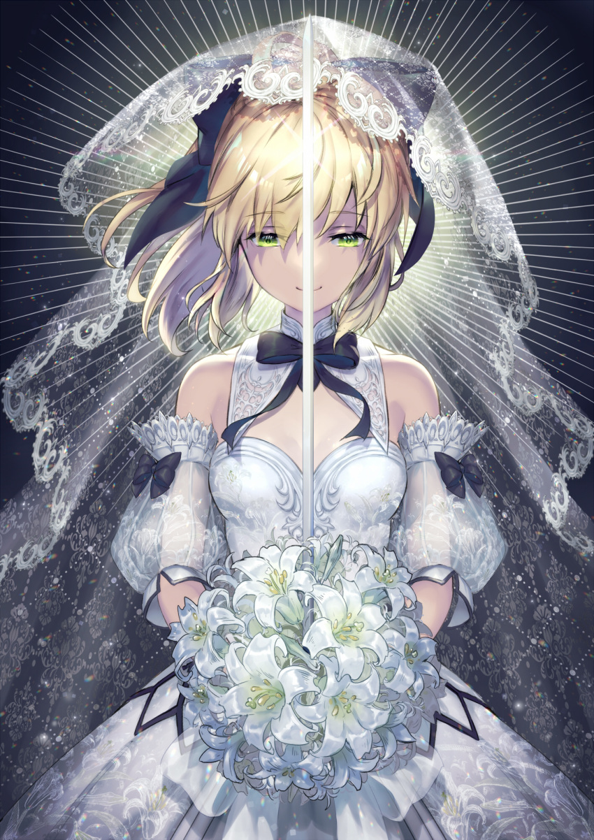 1girl ahoge artoria_pendragon_(fate) bare_shoulders blonde_hair bouquet bow detached_sleeves dress fate/grand_order fate_(series) flower gloves green_eyes hair_bow hair_ribbon highres holding holding_bouquet holding_flower holding_sword holding_weapon light_smile lily_(flower) long_hair ponytail poshii_(posy) ribbon saber_lily skirt smile solo sword type-moon upper_body veil weapon white_dress white_flower white_legwear white_veil