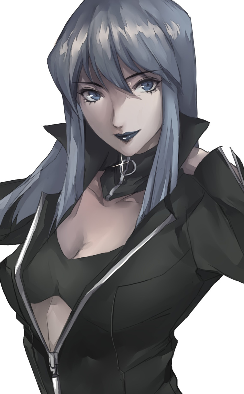 1girl bangs black_bra black_jacket black_lips blue_eyes blue_hair bra breasts cleavage collarbone eyebrows_visible_through_hair highres jacket long_hair looking_at_viewer nemissa pertex_777 shin_megami_tensei smile solo soul_hackers underwear upper_body white_background