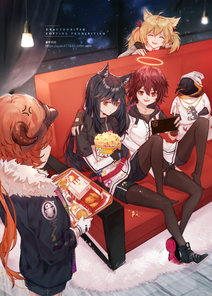 1boy 4girls ^_^ anger_vein animal animal_ears arknights arm_around_shoulder artist_name ayan477845 bad_id bad_lofter_id bird black_footwear black_gloves black_jacket black_legwear black_shorts bow bucket cellphone closed_eyes couch cow_horns croissant_(arknights) exusiai_(arknights) fingerless_gloves food french_fries fried_chicken fur-trimmed_jacket fur_trim gloves hair_between_eyes hair_bow halo highres holding holding_bucket holding_phone holding_tray horns indoors jacket kfc knee_up legwear_under_shorts light long_hair multiple_girls open_mouth orange_eyes orange_hair pantyhose penguin penguin_logistics_(arknights) penguin_logistics_logo phone popcorn red_bow red_hair shoes shorts single_shoe sitting smartphone sora_(arknights) spill takeout_container texas_(arknights) the_emperor_(arknights) tray tupac_shakur twintails visor_cap web_address white_headwear white_jacket window wolf_ears yellow_eyes