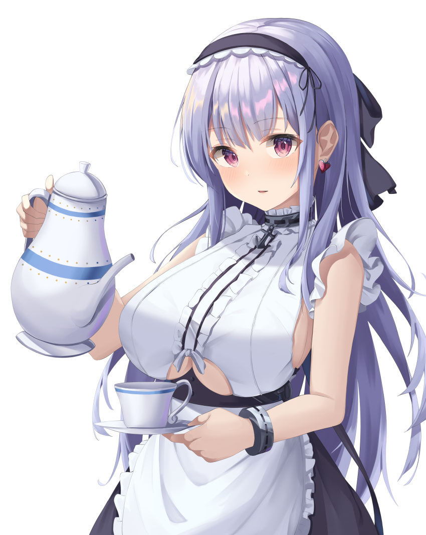 1girl absurdres anchor_choker apron azur_lane bangs bare_shoulders black_hairband black_ribbon black_skirt blush bracer breasts center_frills choker clothing_cutout commentary cowboy_shot cup dido_(azur_lane) earrings eyebrows_visible_through_hair frilled_choker frills hair_between_eyes hair_ribbon hairband heart heart_earrings highres holding holding_plate holding_teapot jewelry lace-trimmed_hairband lace_trim large_breasts long_hair looking_at_viewer maid motoq parted_lips plate purple_eyes ribbon shirt sidelocks silver_hair simple_background skirt sleeveless sleeveless_shirt solo standing teacup teapot underboob underboob_cutout waist_apron white_apron white_background