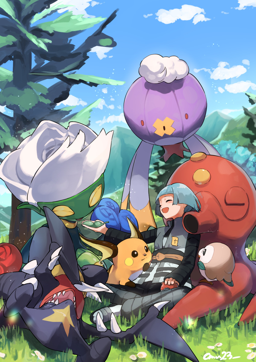 1girl :d akari_(pokemon) bangs black_shirt blunt_bangs chishibuki_hiyoko cloud commentary_request day drifblim garchomp grass green_hair grey_pants grey_vest highres holding holding_poke_ball logo octillery open_mouth outdoors pants poke_ball poke_ball_(basic) pokemon pokemon_(creature) pokemon_(game) pokemon_legends:_arceus raichu roserade rowlet sandals sash shirt short_hair sitting sky smile socks tree vest white_footwear