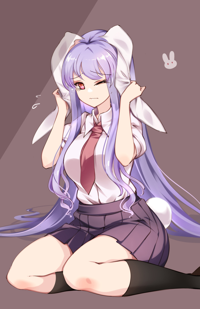 1girl ;| animal_ears arms_up bangs black_legwear blush brown_background closed_mouth collared_shirt eyebrows_visible_through_hair eyelashes feet_out_of_frame flying_sweatdrops furrowed_brow highres holding_ears knees light_purple_hair lips long_hair looking_at_viewer miniskirt necktie one_eye_closed pleated_skirt puffy_short_sleeves puffy_sleeves purple_skirt rabbit_ears rabbit_tail raptor7 red_eyes red_necktie reisen_udongein_inaba shiny shiny_hair shirt short_sleeves simple_background sitting skirt socks solo symbol-only_commentary tail touhou very_long_hair wavy_mouth white_shirt wing_collar yokozuwari