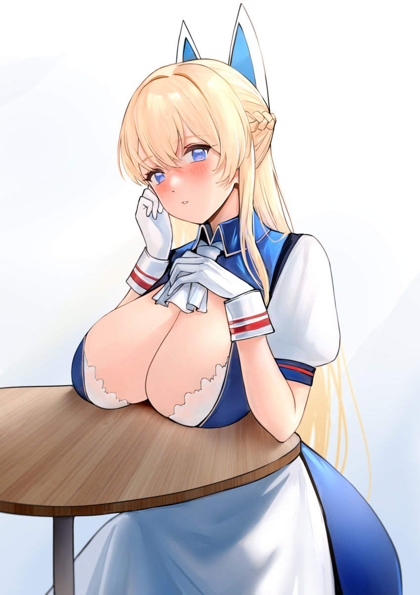 1girl absurdres apron ascot azur_lane blonde_hair blue_dress blue_eyes blush braid breast_rest breasts breasts_on_table cl_(summer_sama) cleavage cleavage_cutout clothing_cutout collared_dress commentary_request dress glorious_(azur_lane) gloves hair_between_eyes hair_ornament hands_up highres large_breasts long_hair looking_at_viewer parted_lips puffy_short_sleeves puffy_sleeves short_sleeves simple_background solo table very_long_hair white_apron white_ascot white_background white_gloves wooden_table