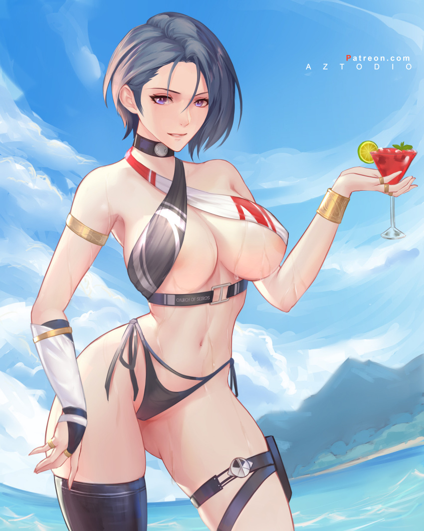 1girl asymmetrical_hair aztodio bikini bikini_bottom_only black_hair blue_sky breasts cleavage cloud cowboy_shot criss-cross_halter drink fire_emblem fire_emblem:_three_houses halterneck highres holding holding_drink large_breasts multi-strapped_bikini navel ocean red_eyes rock shamir_nevrand short_hair side-tie_bikini single_thighhigh sky solo swimsuit thigh_strap thighhighs underbust wet