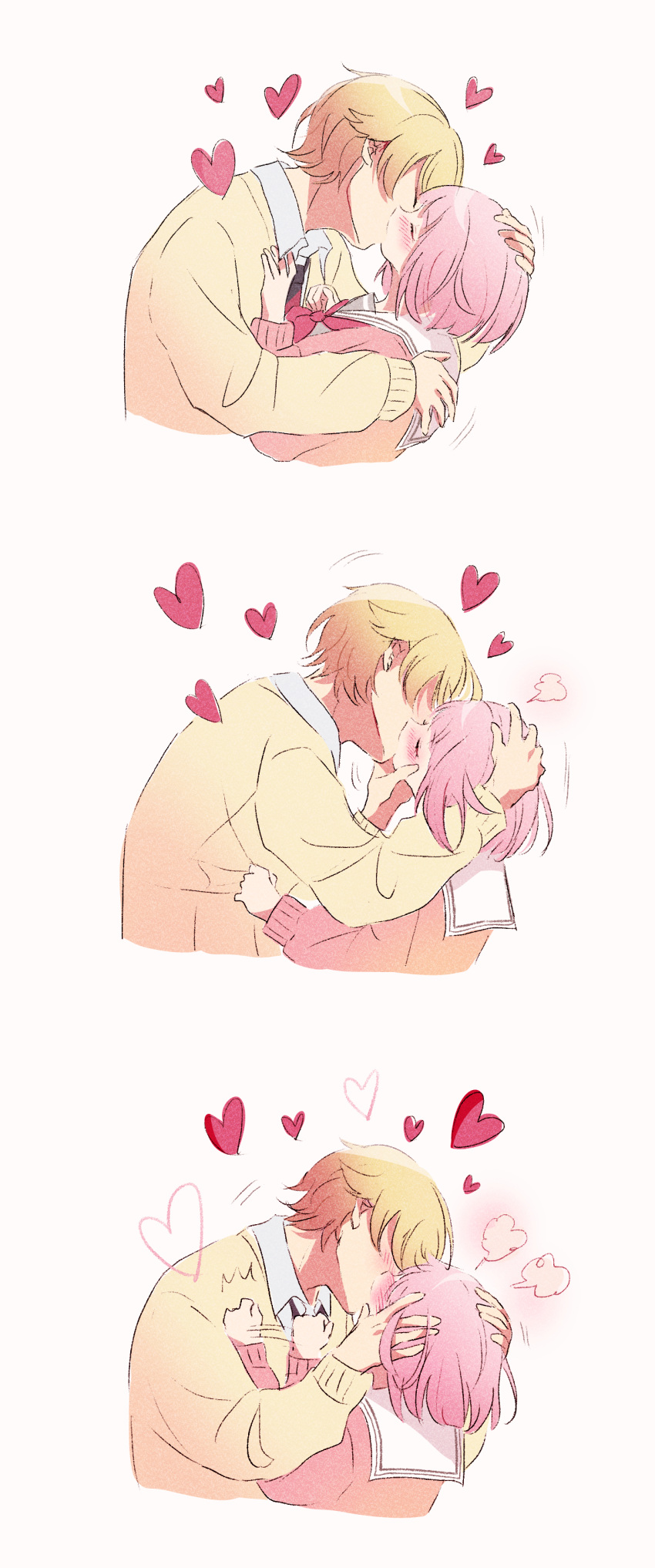 1boy 1girl absurdres blonde_hair blush closed_eyes french_kiss hands_on_another's_head heart highres kiss long_sleeves momomo_(m0_3) ootori_emu pink_hair pink_sweater project_sekai sailor_collar school_uniform short_hair simple_background sweater tenma_tsukasa white_sailor_collar yellow_sweater