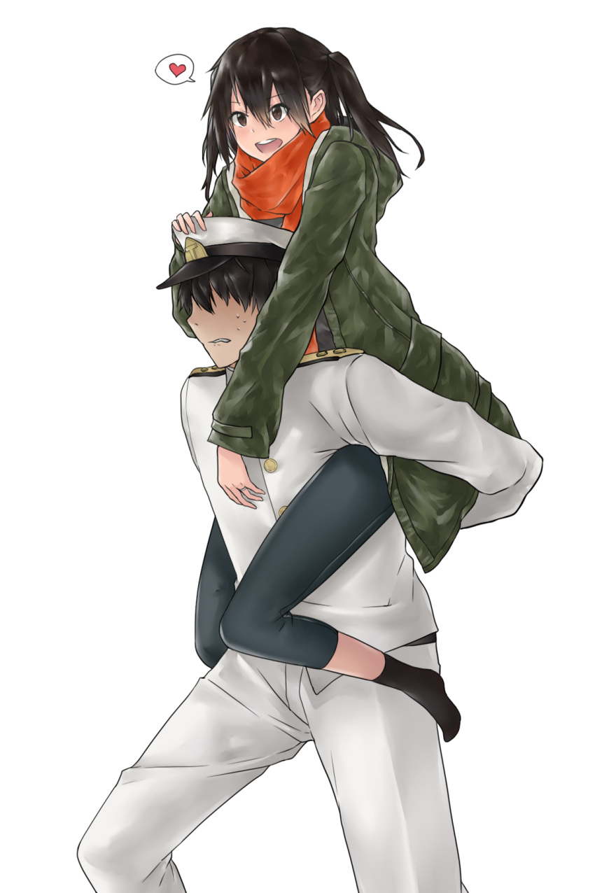 1boy 1girl :d admiral_(kancolle) alternate_costume arms_behind_back bangs black_hair black_legwear brown_eyes brown_hair carrying carrying_person casual chinese_commentary clenched_teeth coat commentary epaulettes faceless faceless_male feet_out_of_frame full_body green_coat grimace hair_between_eyes hair_over_eyes hand_on_another's_chest hand_on_another's_head hat heart highres jacket jewelry kantai_collection kuroinu9 leggings looking_ahead medium_hair military military_uniform no_entry_sign open_clothes open_coat open_mouth orange_scarf pants peaked_cap piggyback ring road_sign round_teeth scarf sendai_(kancolle) sign simple_background skindentation smile socks speech_bubble spoken_heart straddling sweat sweatdrop teeth two_side_up uniform upper_teeth wedding_band white_background white_jacket white_pants