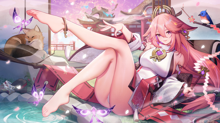 1girl absurdres animal_ears ankle_bell anklet bangs bare_legs barefoot bell bird breasts closed_mouth commentary crossed_legs crystalfly_(genshin_impact) detached_sleeves dress feet floral_print fox full_body genshin_impact gohei hair_between_eyes hair_ornament highres holding jewelry jingle_bell large_breasts long_hair looking_at_viewer panties pink_hair purple_eyes sandals sandals_removed sideboob solo symbol-only_commentary tassel underwear very_long_hair water white_dress white_panties xingchee yae_miko