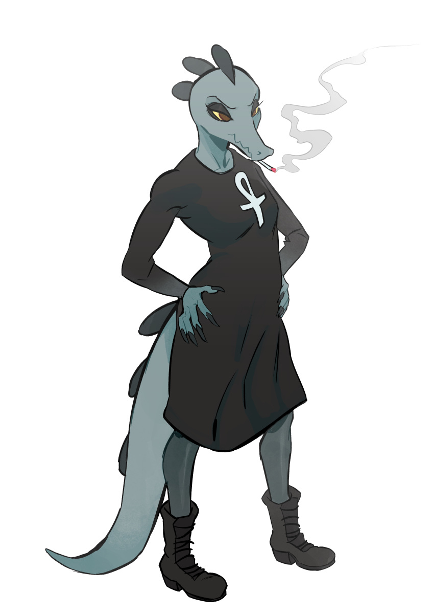 2022 absurd_res ankh anthro bea_santello boots cigarette clothed clothing crocodilian female footwear hi_res long_tail mervvin night_in_the_woods reptile scalie simple_background smoke smoking solo standing video_games white_background