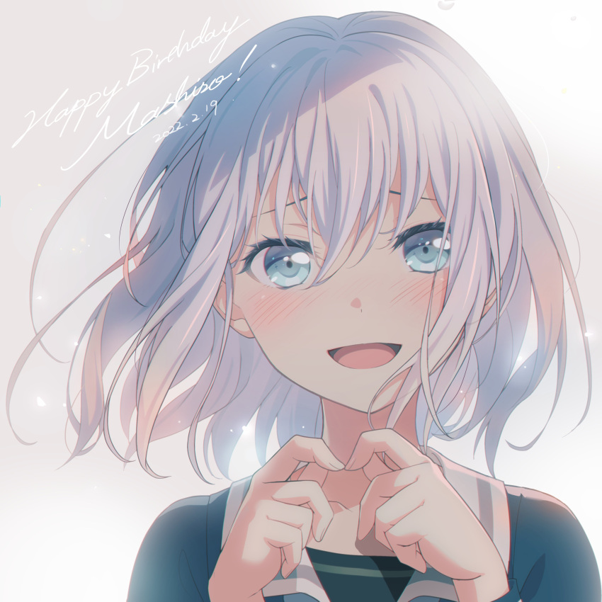 1girl :d absurdres bang_dream! bangs blue_eyes blue_shirt blush character_name commentary dated fingers_together gradient gradient_background grey_background hair_between_eyes hands_up happy_birthday highres kurata_mashiro light_particles long_sleeves looking_at_viewer medium_hair nobusawa_osamu nose_blush open_mouth portrait school_uniform shirt silver_hair smile solo tsukinomori_school_uniform white_background