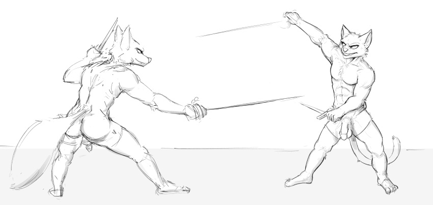 absurd_res anthro anus balls butt canid canine clothing dangerous domestic_cat duel felid feline felis fencing fight fox genitals greyscale habiyeru hi_res historical humanoid legwear male male/male mammal melee_weapon monochrome muscular pecs penis simple_background sketch sword thigh_highs weapon